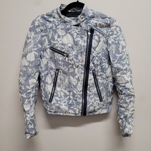 Gap Womens Blue Floral Quilted Moto Jacket Cotton Biker Coat Size S RN54023